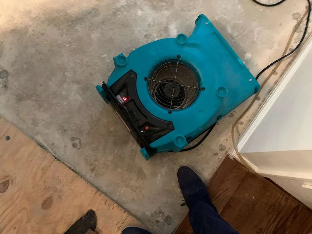 Air mover drying subfloor during Leak Detection & Repair in Bayville
